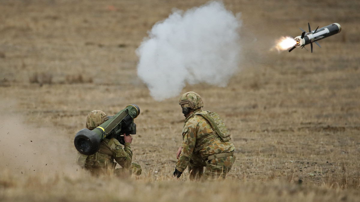 SEYMOUR, AUSTRALIA - MAY 09:  Australian Army soldiers fire a Javelin anti-tank missile during Exercise Chong Ju at the Puckapunyal Military Area on May 09, 2019 in Seymour, Australia. Exercise Chong Ju is an annual live fire training exercise and firepower demonstration at the Australian Armys Combined Arms Training Centre showcasing Army as a versatile, decisive force. (Photo by Scott Barbour/Getty Images)