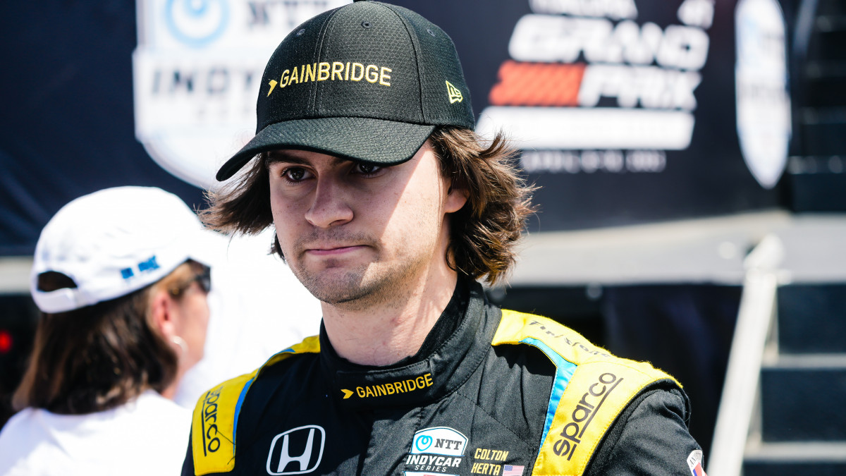 LONG BEACH, CALIFORNIA - APRIL 10: NTT IndyCar Series driver Colton Herta participates in driver introductions prior to the start of the 2022 Acura Grand Prix Of Long Beach on April 10, 2022 in Long Beach, California. (Photo by Greg Doherty/Getty Images)