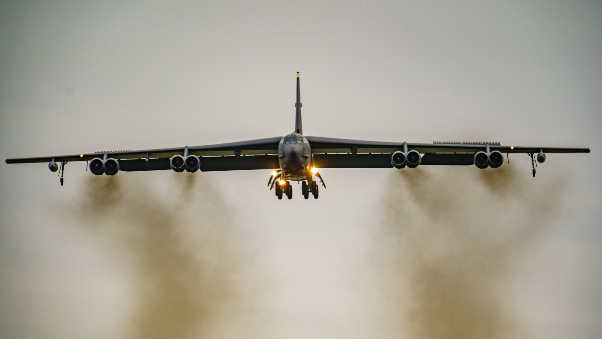 United States Air Force (USAF) B-52 bomber lands at RAF Fairford, as tensions remain high over the build-up of Russian forces near the border with Ukraine. Picture date: Thursday February 10, 2022. (Photo by Ben Birchall/PA Images via Getty Images)