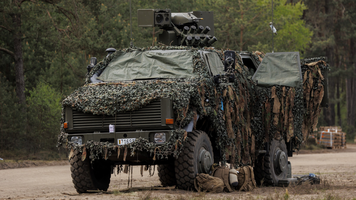 MUNSTER, GERMANY - MAY 10: An armored transport vehicle Dingo of the Belgian armed forces is seen during the Wettiner Heide (Wettiner Meadow) international joint military exercises of NATO Response Force (Land) on May 10, 2022 near Munster, Germany. The forces include the Panzergrenadierbrigade 37 (Armoured Infantry Brigade 37), which currently leads the NATO Very High Readiness Joint Task Force (VJTF). The current exercises, which run from May 2-20, include armoured and artillery units with 7,500 soldiers from nine different nations, though mainly from Germany and the Netherlands. (Photo by Morris MacMatzen/Getty Images)