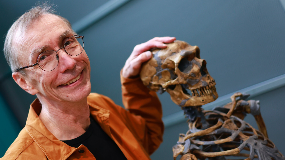 Svante Pääbo svéd genetikus egy neandervölgyi ember csontvázával a lipcsei Max Planck Evolúciós Antropológiai Intézetben tartott sajtótájékoztatón 2022. október 3-án. Pääbo az evolúciós genetika területén elért eredményeiért a mai napon elnyerte az idei orvosi-élettani Nobel-díjat.