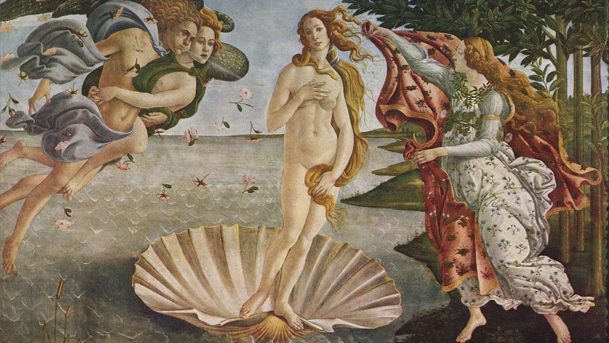 Sandro Botticelli, Vénusz születése című festménye. Firenze, Uffizzi képtár