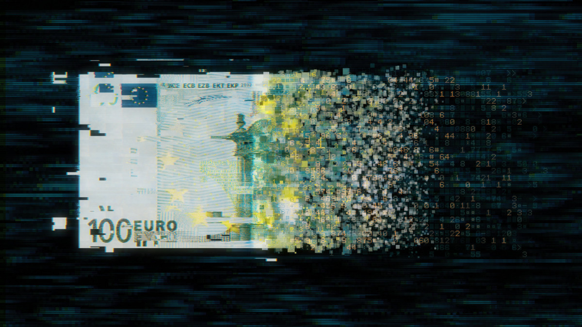 Pixelated european union currency on dark background