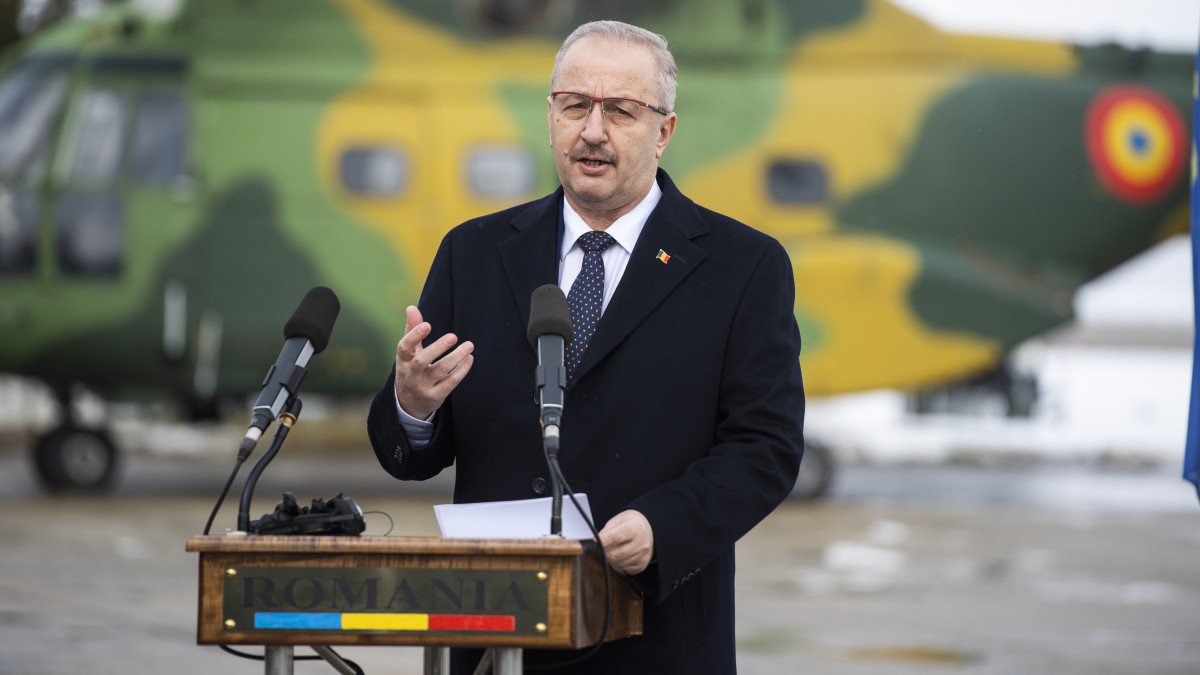 02 March 2022, Romania, ConstanÂˇa: Vasile Dincu, Minister of Defense of Romania, speaks during a visit to German troops stationed in Constanta, Romania, by the German Defense Minister. Photo: Christophe Gateau/dpa (Photo by Christophe Gateau/picture alliance via Getty Images)
