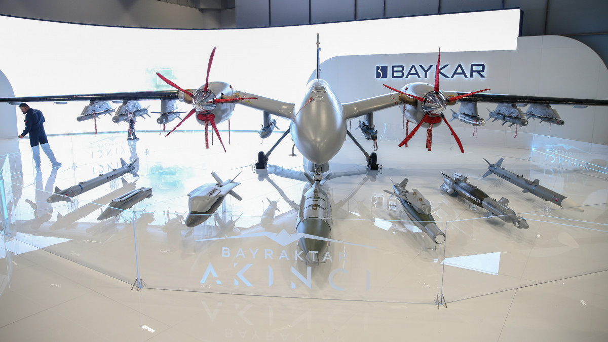 ISTANBUL, TURKIYE - OCTOBER 26: The SAHA EXPO Defense, Aviation and Space Industry Fair continues on its third day in Istanbul, Turkiye on October 26, 2022. SAHA EXPO fair brought together 250 companies from 57 countries and 750 local companies from Turkiye. The Bayraktar Akinci developed by BAYKAR was also displayed at the fair. (Photo by Murat Sengul/Anadolu Agency via Getty Images)