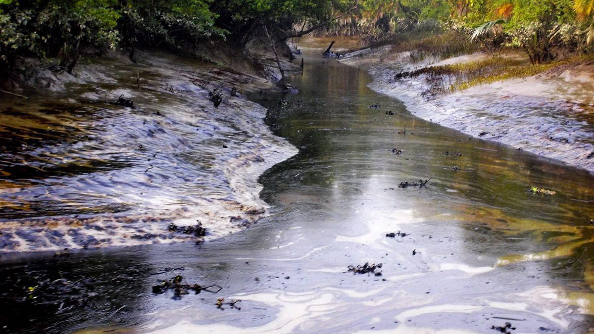 Sunderbans, 2014. december 13.2014. december 12-én közreadott kép az olajjal szennyezett Sela folyóról december 10-én, miután elsüllyedt a Southern Star 7 nevű olajszállító hajó a bangladesi Sunderbans közelében. A hatóságok szerint a szállítmány több mint kétharmada, mintegy 360 ezer liter olaj ömlött a folyóba, és 80 km hosszan teríti be a vízfelszínt. (MTI/EPA)