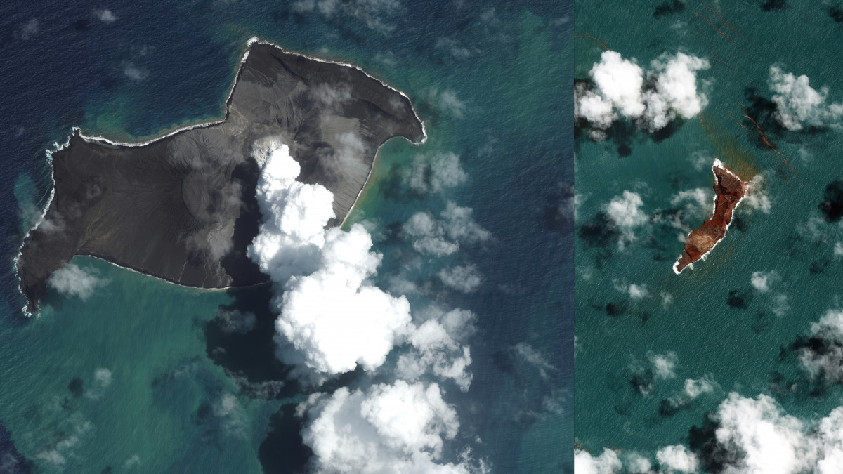 A Maxar Technologies által közreadott, két műholdfelvételből készített kombókép a Hunga Tonga-Hunga Haapai lakatlan vulkáni szigetről 2022. január 6-án (b) és három nappal a kitörése után, január 18-án. A vulkánkitörés hatalmas károkat okozott a főszigeten, Tongatapun és a hozzá tartozó mintegy 170 szigeten és zátonyon, a vulkanikus tevékenység utáni szökőár elérte Japán, az Egyesült Államok, Új-Zéland és több latin-amerikai ország partjait is.