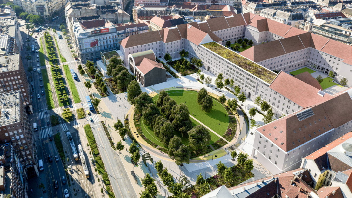 A Főpolgármesteri Hivatal által 2022. április 29-én közreadott képen a Városháza Park tervpályázaton győztes Lépték-Terv Tájépítész Iroda látványterve.