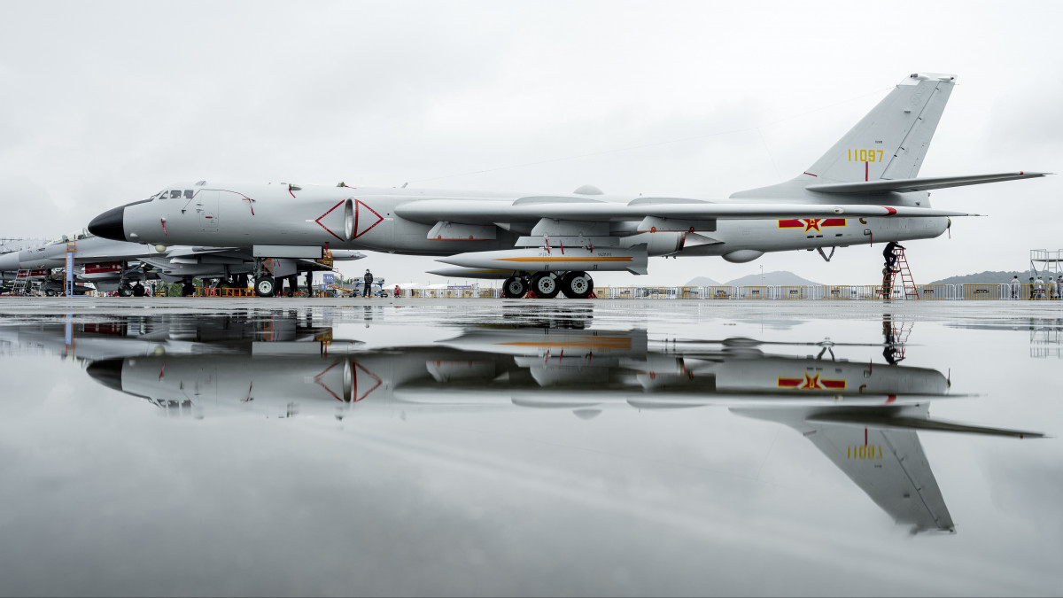 ZHUHAI, CHINA - NOVEMBER 07: A H-6 bomber is on display ahead of Airshow China 2022 at Zhuhai Air Show Center on November 7, 2022 in Zhuhai, Guangdong Province of China. The 14th Airshow China will be held from Nov. 8 to 13. (Photo by Sun Lin/VCG via Getty Images)