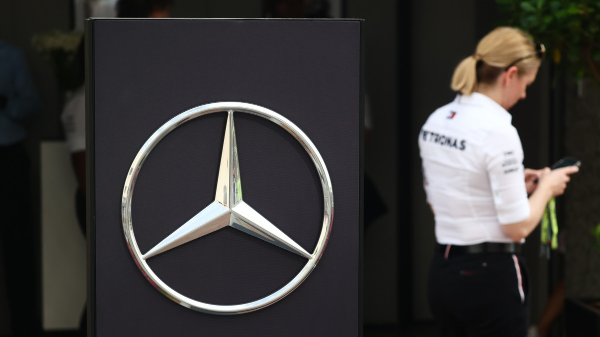 Mercedes logo is seen in the paddock before the Formula 1 Abu Dhabi Grand Prix at Yas Marina Circuit in Abu Dhabi, United Arab Emirates on November 20, 2022. (Photo by Jakub Porzycki/NurPhoto via Getty Images)