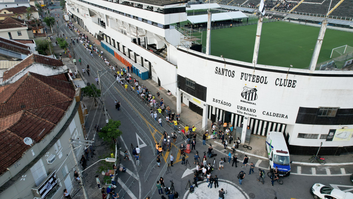 SANTOS, BRAZIL - JANUARY 02: Aerial view of the Urbano Caldeira Stadium ahead of football legend Peles funeral, which begins later this morning at the stadium on January 02, 2023 in Santos, Brazil. Brazilian football icon Edson Arantes do Nascimento, better known as Pele, died on December 29, 2022 aged 82 after a battle with cancer in Sao Paulo, Brazil. The three-time World Cup champion with Brazil is considered one of the greatest football legends of all time. (Photo by Wagner Meier/Getty Images)