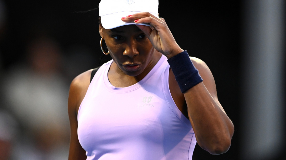AUCKLAND, NEW ZEALAND - JANUARY 02: Venus Williams of USA reacts during her first round match against Katie Volynets of USA during day one of the 2023 ASB Classic Womens at the ASB Tennis Arena on January 02, 2023 in Auckland, New Zealand. (Photo by Hannah Peters/Getty Images)