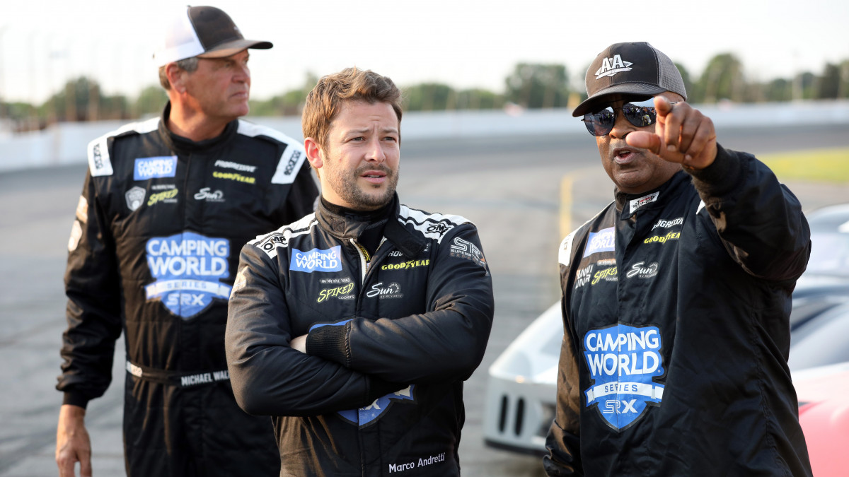 INDIANAPOLIS, INDIANA - JULY 03: (R-L) Willy T. Ribbs #17, Marco Andretti #98, and Michael Waltrip #15 are seen on the grid prior to the heat races during the Camping World Superstar Racing Experience event at Lucas Oil Raceway on July 03, 2021 in Indianapolis, Indiana. (Photo by Dylan Buell/SRX via Getty Images)