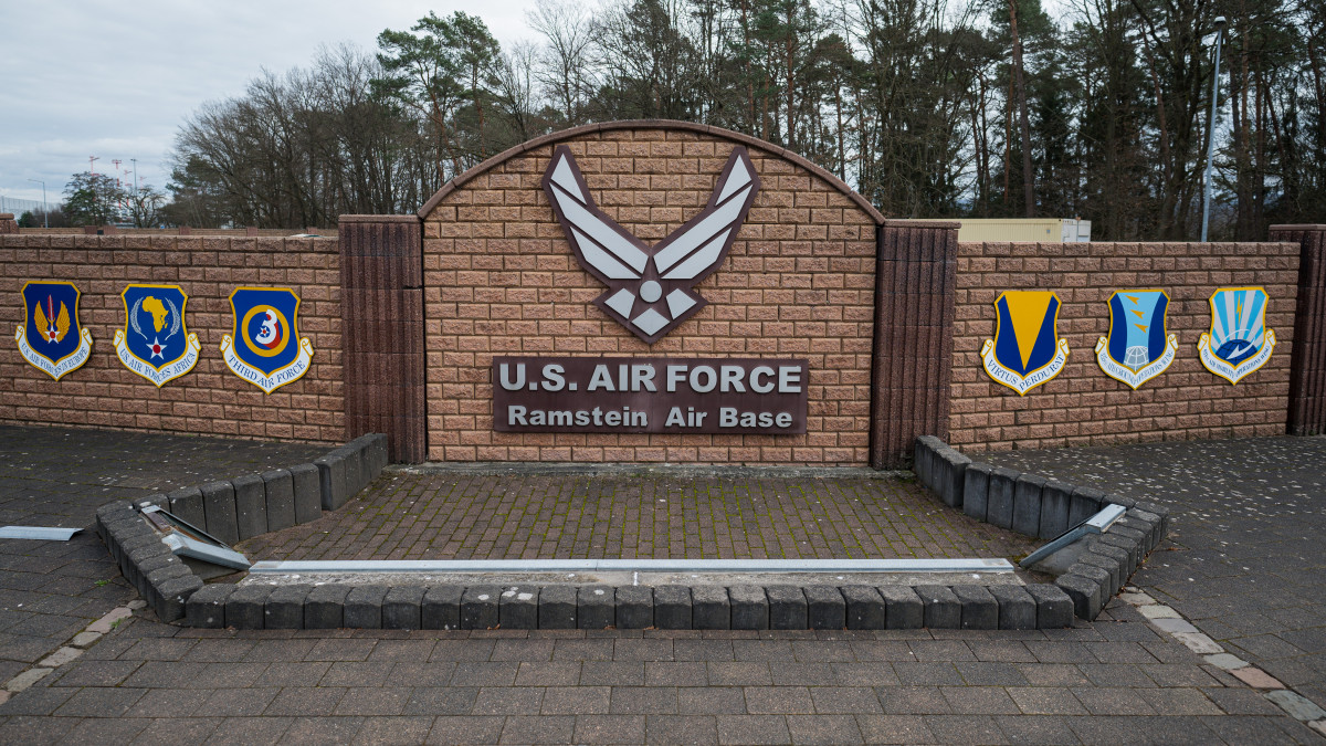 24 February 2022, Rhineland-Palatinate, Ramstein-Miesenbach: The symbol of Ramstein Air Base of the U.S. Air Force. Russian troops have begun their attack on Ukraine. Photo: Oliver Dietze/dpa (Photo by Oliver Dietze/picture alliance via Getty Images)