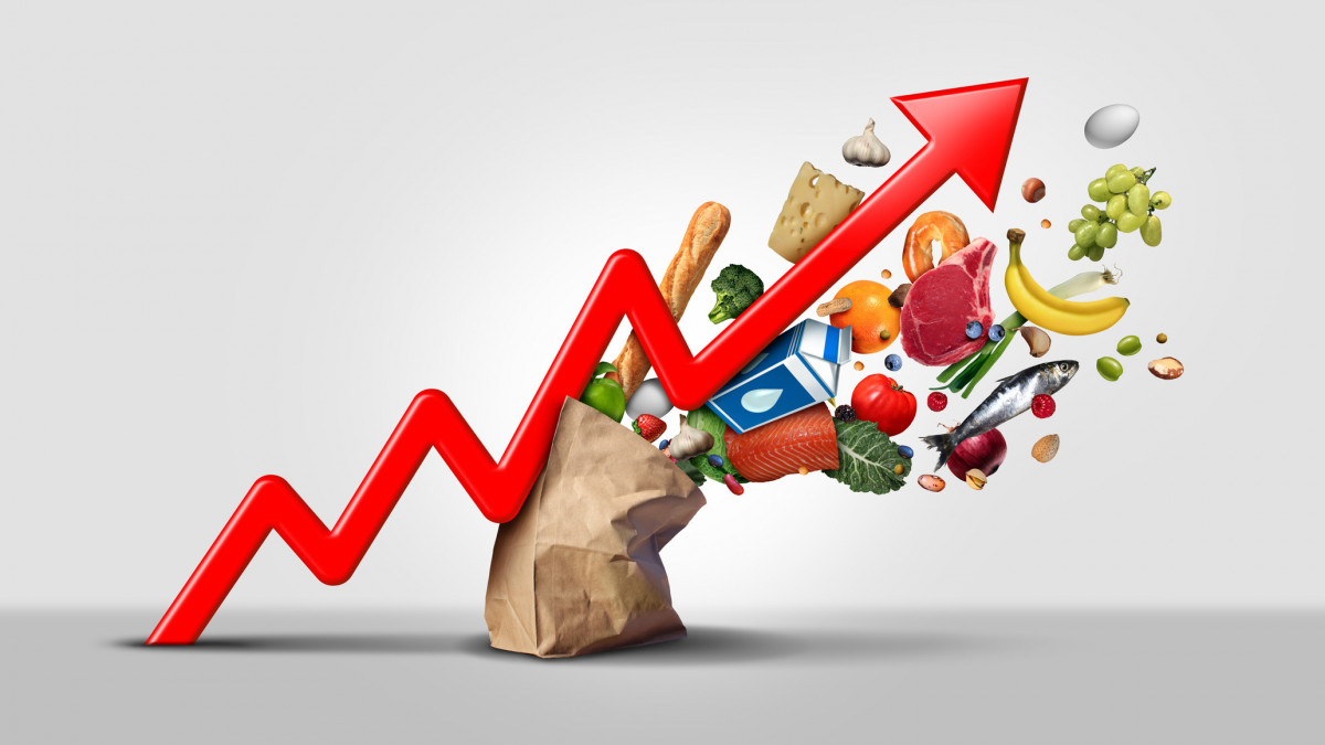 Rising food cost and grocery prices surging costs of supermarket groceries as an inflation financial crisis concept coming out of a paper bag shaped hit by a a finance graph arrow with 3D render elements.