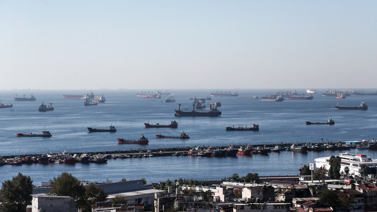 Ukrán gabonát szállító teherhajók ellenőrzésükre várva horgonyoznak a Márvány-tengeren, Isztambul partjai előtt 2022. október 22-én. Az Ukrajna ellen 2022. február 24-én indított orosz háború alatt úgynevezett biztonságos folyosókon távozhat az országból a kivitelre szánt ukrán gabona a Fekete-tengeren, majd Isztambulban ellenőrzik, a hivatalos szállítmányon kívül nincs-e más, tiltott rakomány a hajók fedélzetén.