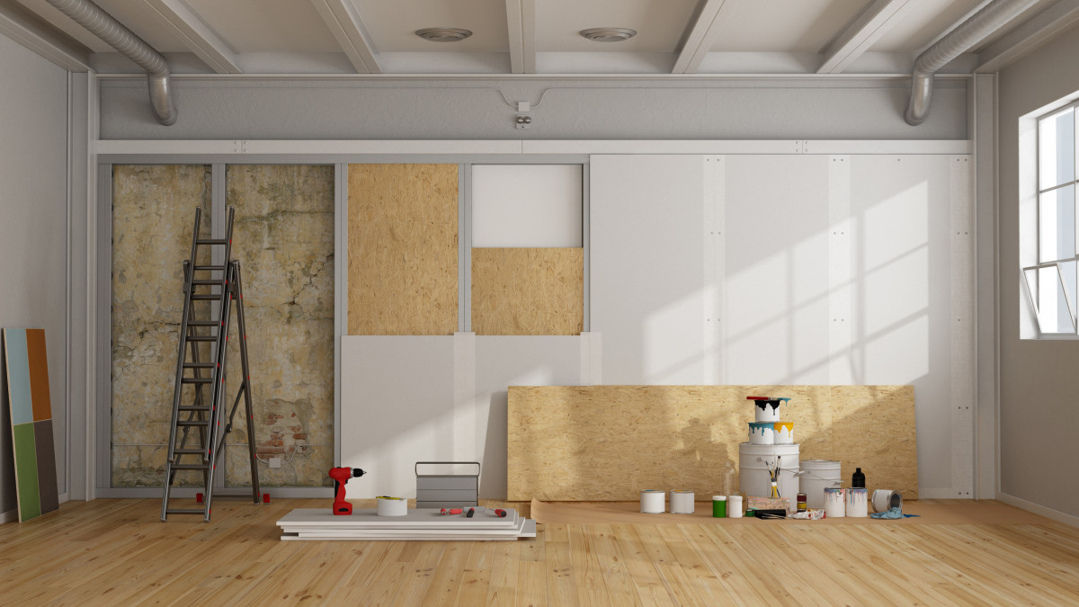architectural restoration and insulation of an old wall in a loft and selection of the color swatch - 3d renderingNote: the room does not exist in reality, Property model is not necessary