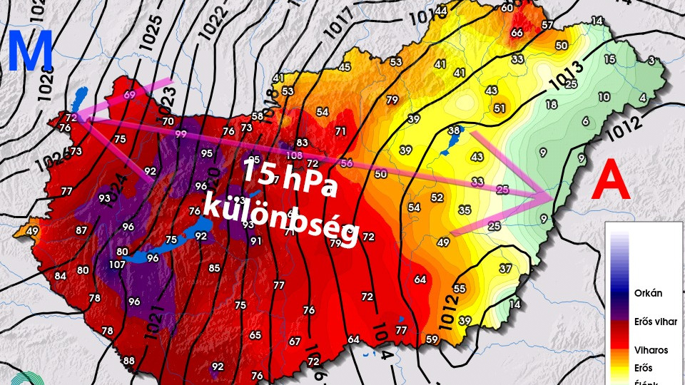 15 hPa különbség a légnyomásban = nagyon szeles nap. Forrás:Facebook/Országos Meteorológiai Szolgálat