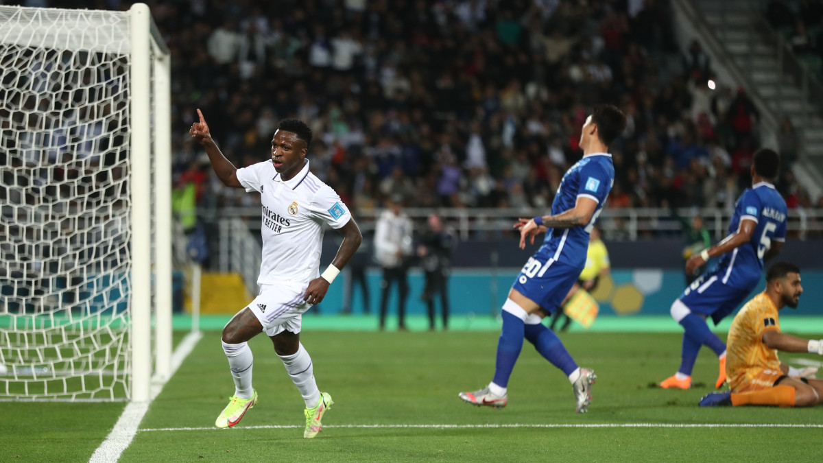 RABAT, MOROCCO - FEBRUARY 11: Vinicius Junior of Real Madrid celebrates after scoring a goal to make it 1-0 during the FIFA Club World Cup Morocco 2022 Final match between Real Madrid and Al Hilal at Prince Moulay Abdellah on February 11, 2023 in Rabat, Morocco. (Photo by James Williamson - AMA/Getty Images)