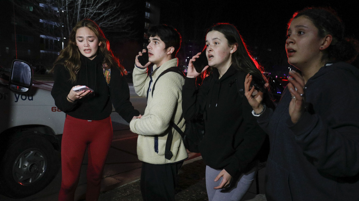 LANSING, MI - FEBRUARY 13: Michigan State University students react during an active shooter situation on campus on February 13, 2023 in Lansing, Michigan. Five people were shot and the gunman still at large following the attack, according to published reports. The reports say some of the victims have life-threatening injuries.  (Photo by Bill Pugliano/Getty Images)