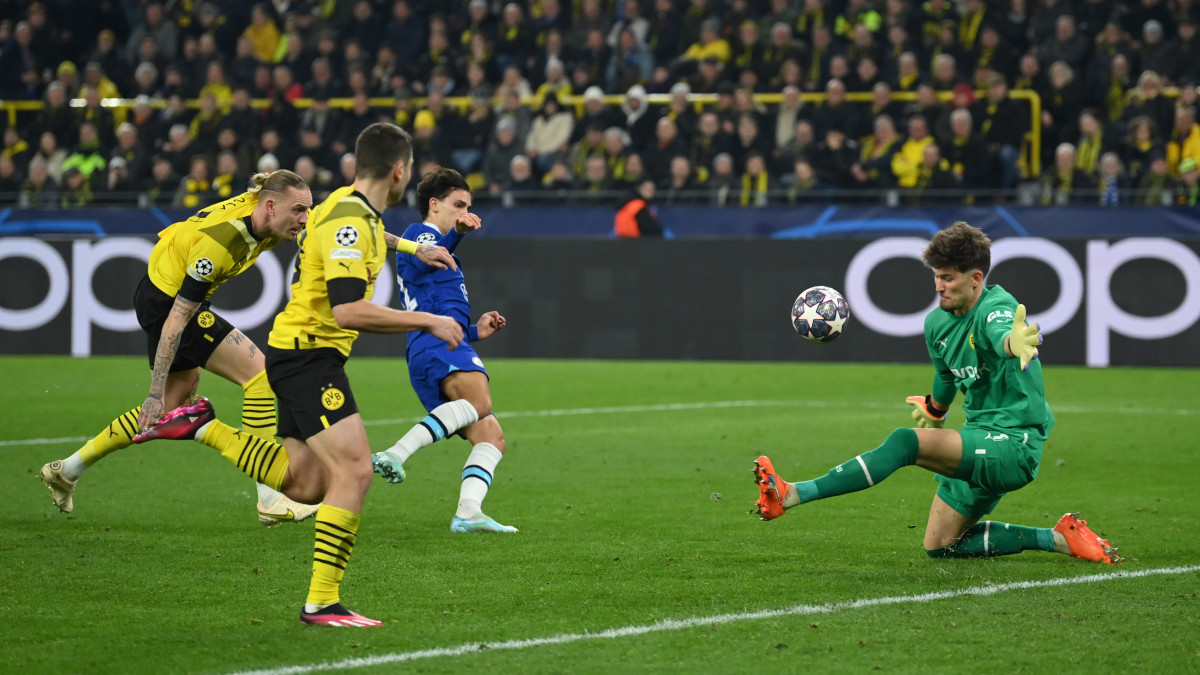 DORTMUND, GERMANY - FEBRUARY 15: Joao Felix of Chelsea has a shot saved by Gregor Kobel of Borussia Dortmund during the UEFA Champions League round of 16 leg one match between Borussia Dortmund and Chelsea FC at Signal Iduna Park on February 15, 2023 in Dortmund, Germany. (Photo by Stuart Franklin/Getty Images)