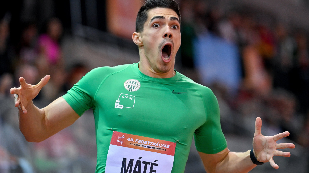 A későbbi győztes Máté Tamás a fedett pályás atlétikai országos bajnokság férfi 200 méteres síkfutás versenyszámában a nyíregyházi atlétikai centrumban 2023. február 19-én.