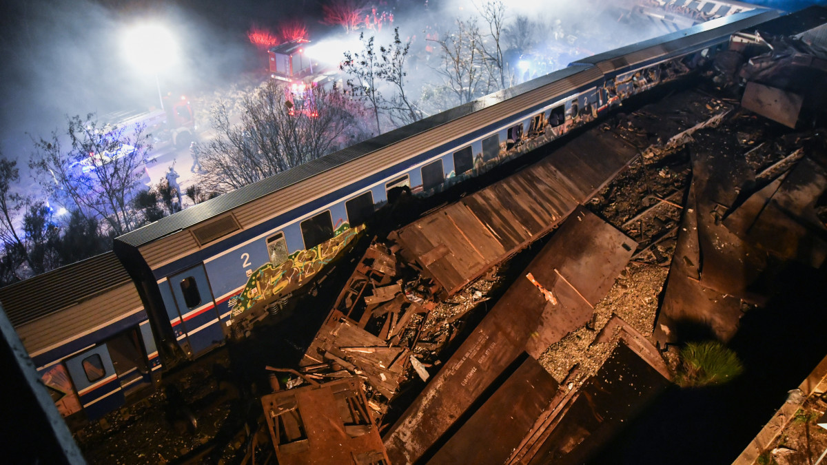 LARISSA, GREECE - MARCH 01: An aerial view of the side after train collision in northern Greece on March 01, 2023. The death toll from a collision between a passenger train and a cargo train in Elassona municipality in northern Greece has risen to 32, according to a report early Wednesday. 85 others injured, according to Fire Service representative (Photo by Stringer/Anadolu Agency via Getty Images)