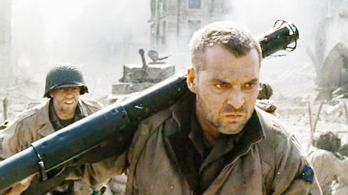 LOS ANGELES - JULY 24: The movie Saving Private Ryan, directed by Steven Spielberg. Seen here in foreground, Tom Sizemore (as Sergeant Horvath) with a Bazooka. Theatrical release July 24, 1998. Screen capture. A Paramount Picture. (Photo by CBS via Getty Images)