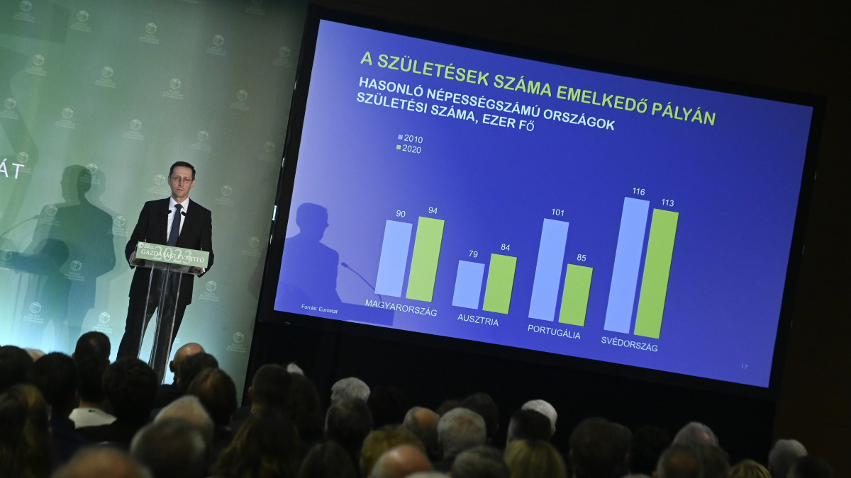 Varga Mihály pénzügyminiszter beszédet mond a Magyar Kereskedelmi és Iparkamara (MKIK) évnyitó gazdaságpolitikai fórumán Budapesten 2023. március 9-én.
