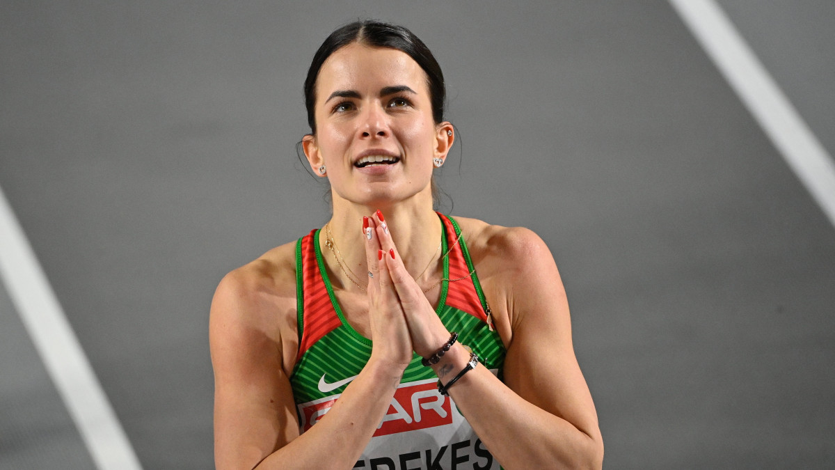 Kerekes Gréta a női 60 méteres gátfutás előfutama után az isztambuli fedett pályás atlétikai Európa-bajnokságon az Ataköy Arénában 2023. március 4-én.