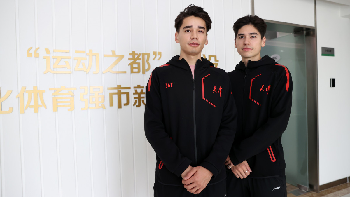TIANJIN, CHINA - MARCH 25: Hungarian-born short-track speed skaters Sandor Liu Shaolin and Liu Shaoang, who will make their debut in China at the National Short Track Speed Skating Championships representing Tianjing, pose for photos on March 25, 2023 in Tianjin, China. (Photo by VCG/VCG via Getty Images)