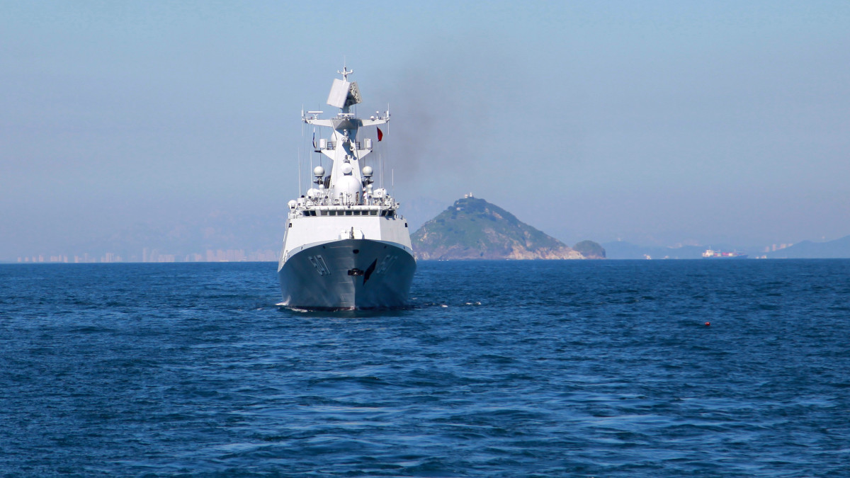 QINGDAO, CHINA - AUGUST 17: Chinese guided-missile frigate Linyi of the Peoples Liberation Army Navy takes part in the Sea Cup surface ship contest of the International Army Games (IAG) 2022 on August 17, 2022 in Qingdao, Shandong Province of China. (Photo by Li Chun/China News Service via Getty Images)