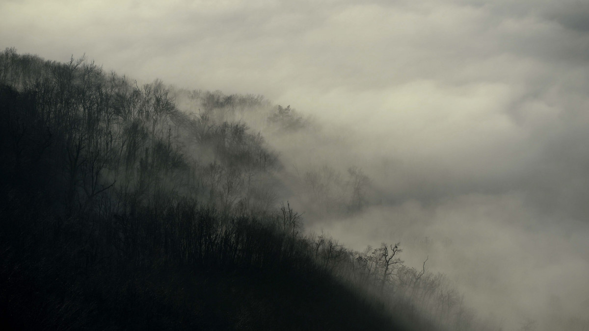 A ködbe burkolózott János-hegy az Erzsébet-kilátóról fotózva 2015. december 27-én.