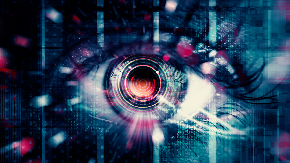 Close up of digital eye with layered graphics