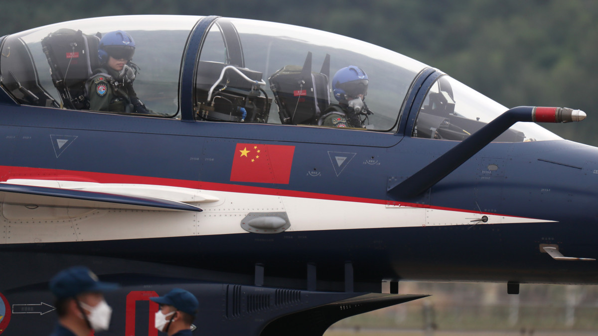 ZHUHAI, CHINA - NOVEMBER 03: A J-10 fighter jet of Chinese air forces August 1 Aerobatic Team arrives at Zhuhai Air Show Center on November 3, 2022 in Zhuhai, Guangdong Province of China. The 14th Airshow China will be held from Nov. 8 to 13. (Photo by Zhou Guoqiang/VCG via Getty Images)
