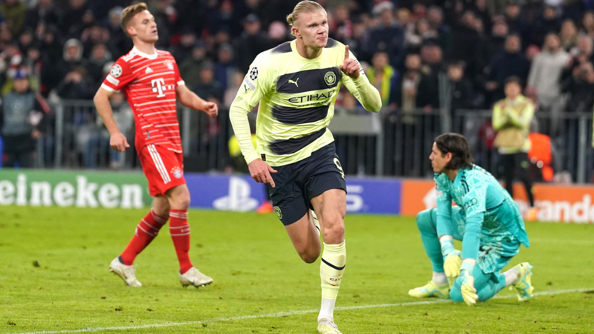 Manchester Citys Erling Haaland celebrates scoring their sides first goal of the game during the UEFA Champions League quarter-final second leg match at Allianz Arena, Munich. Picture date: Wednesday April 19, 2023. (Photo by Adam Davy/PA Images via Getty Images)