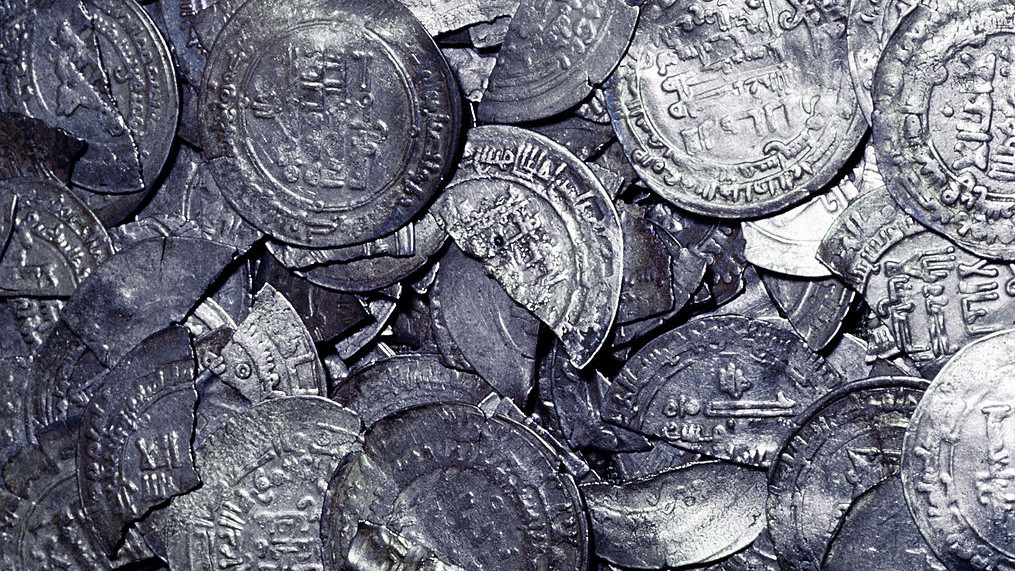 Hoard of silver & Arab coins from a Viking grave, Sweden, 10th century. (Photo by CM Dixon/Print Collector/Getty Images)