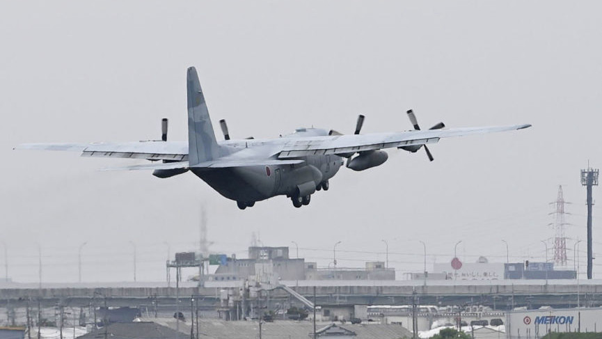 A Japan Air Self-Defense Force C-130 transport plane takes off from the ASDFs Komaki base in Aichi Prefecture, central Japan, on April 21, 2023, for a mission to evacuate Japanese nationals from Sudan. The plane will fly to Djibouti and stand by to extricate 63 Japanese citizens in Sudan, where military clashes are intensifying.  (Photo by Kyodo News via Getty Images)