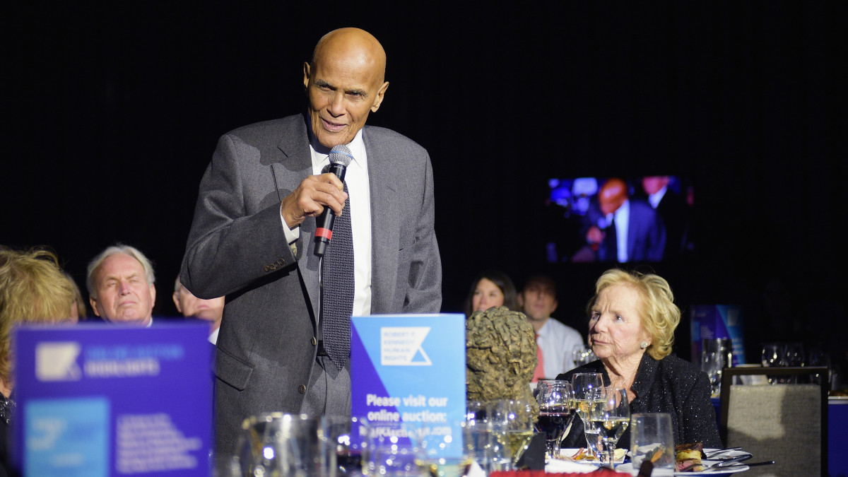 NEW YORK, NY - DECEMBER 13:  Honoree Harry Belafonte speaks as Ethel Kennedy looks on during Robert F. Kennedy Human Rights Hosts Annual Ripple Of Hope Awards Dinner on December 13, 2017 in New York City.  (Photo by Jason Kempin/Getty Images for Ripple Of Hope Awards)