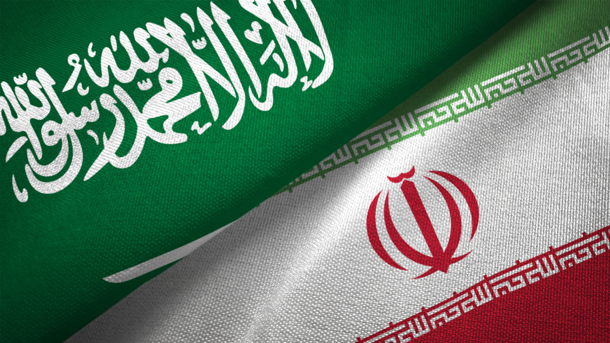 Iran and Saudi Arabia flag together realtions textile cloth fabric texture