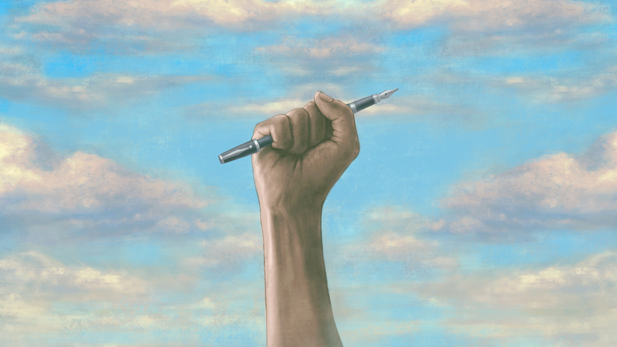 Political art, Concept idea of  freedom of press, expression, speech, surreal painting, fist hand holding a pen up into the sky, conceptual artworkForrás: Getty Images/Jorm Sangsorn