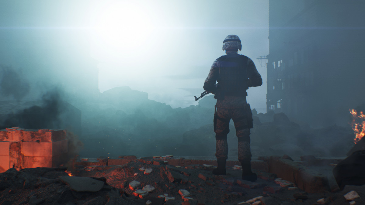 3D render of a soldier in ammunition with a machine, gun standing on the ruins blazing in flames after the bombing of the city at dawn