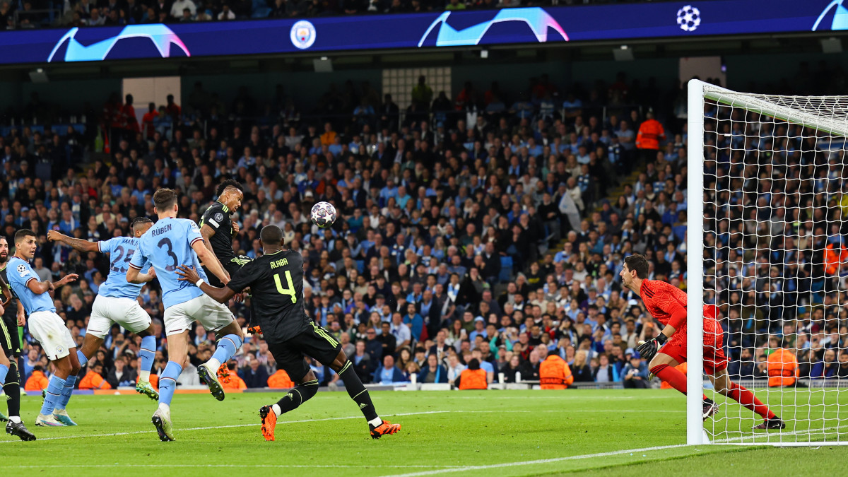MANCHESTER, ENGLAND - MAY 17: Manuel Akanji of Manchester City scores a goal to make it 3-0 during the UEFA Champions League semi-final second leg match between Manchester City FC and Real Madrid at Etihad Stadium on May 17, 2023 in Manchester, United Kingdom. (Photo by Robbie Jay Barratt - AMA/Getty Images)