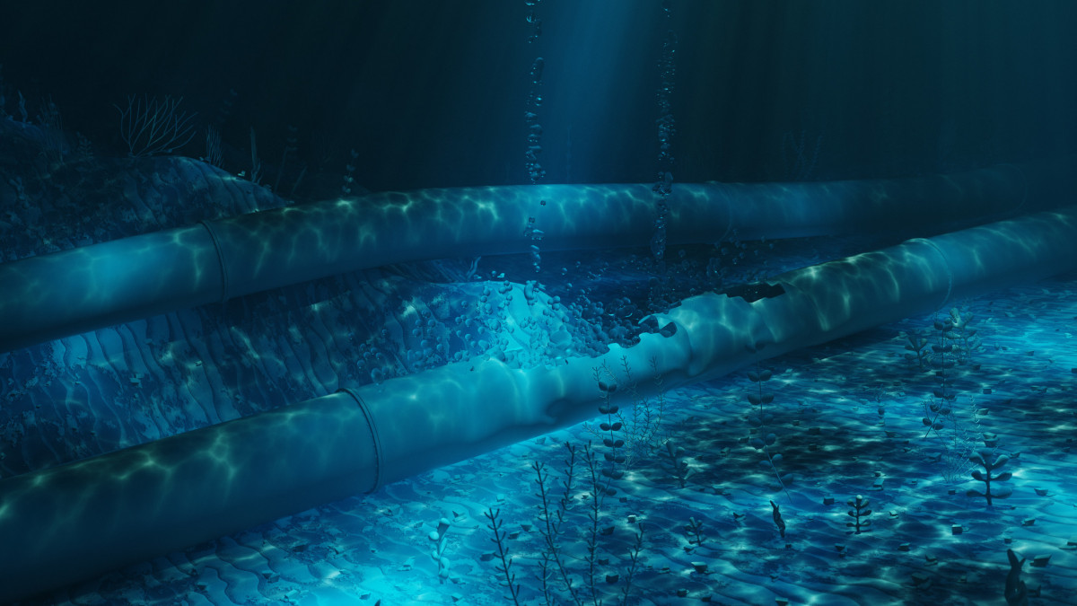 3d render illustration of an underwater oil pipeline . The pipes are destroyed after the explosion.