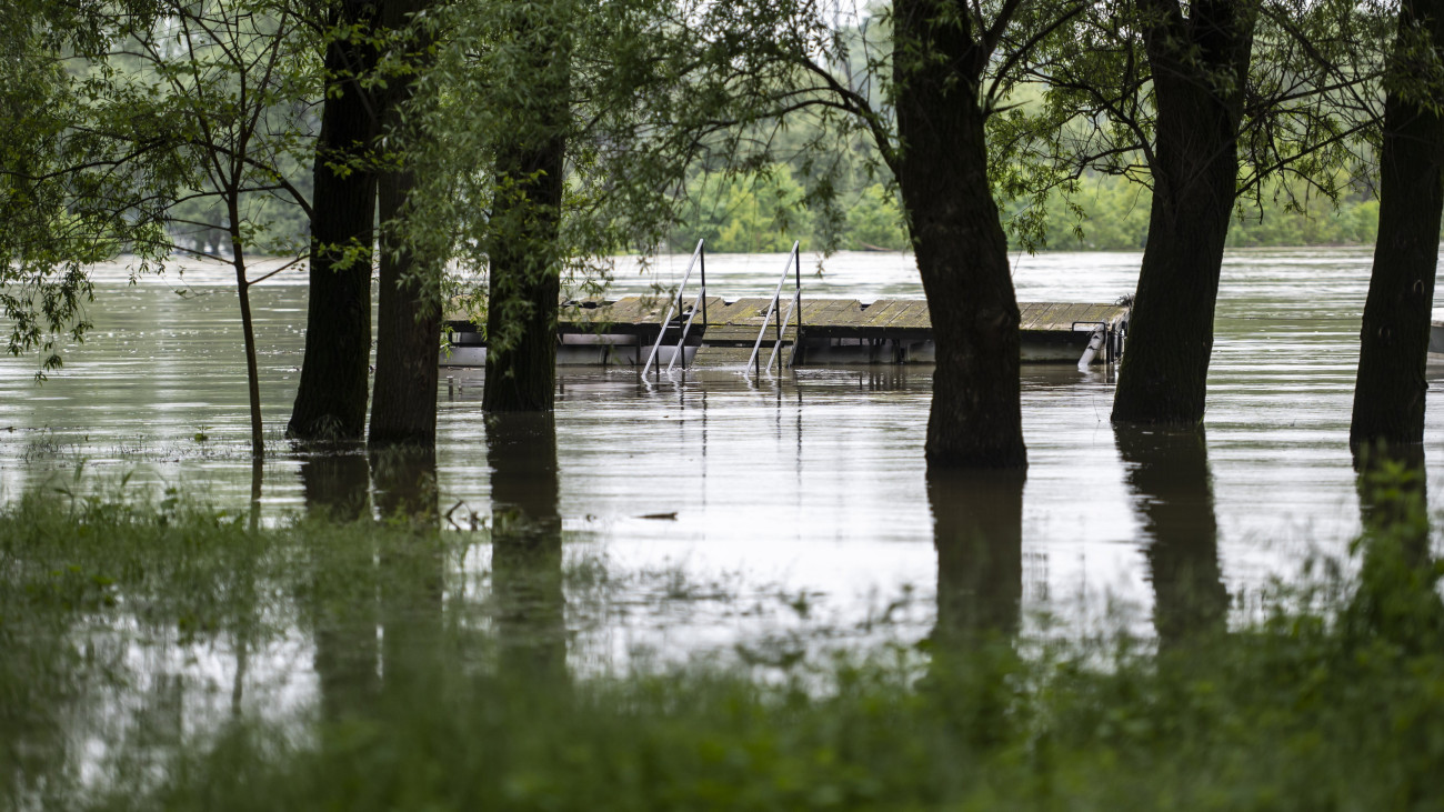 Árad a Duna Neszmélynél 2023. május 19-én. A vízgyűjtő területekre az elmúlt héten lehullott nagy mennyiségű csapadék következtében több magyarországi folyón is árhullám vonul le a napokban, az érkező vizet ahol lehet, a hullámtérbe vezetik - közölte az Országos Vízügyi Főigazgatóság (OVF).