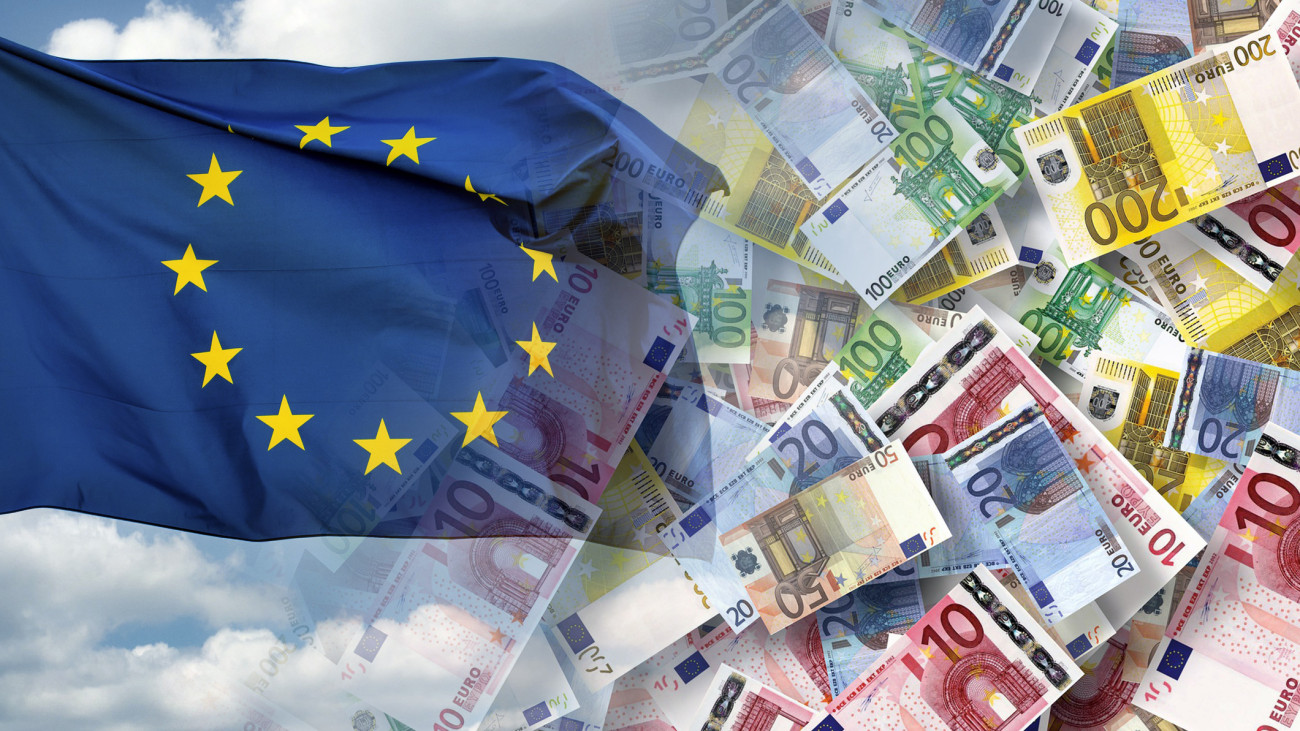 European Union flag and cash euro banknotes (inflation, devaluation, crisis)