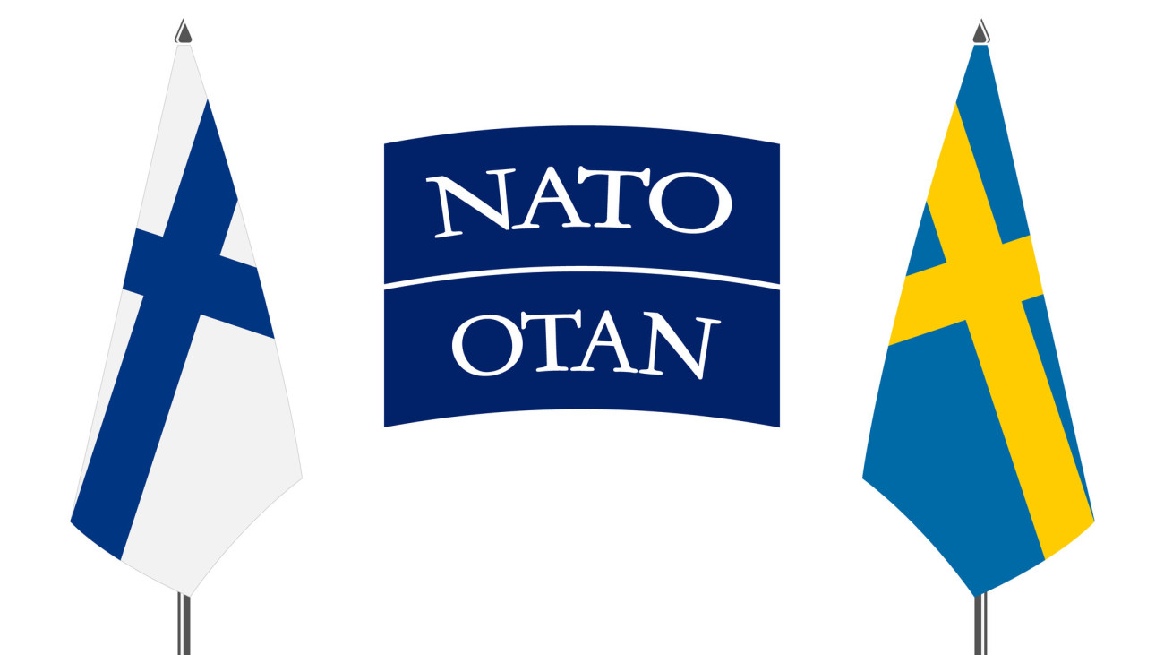 Flag of Finland, Sweden and NATO. Sweden and Finland joining NATO. Expansion of the alliance to the East. All isolated on white background. Template for design and infographics.