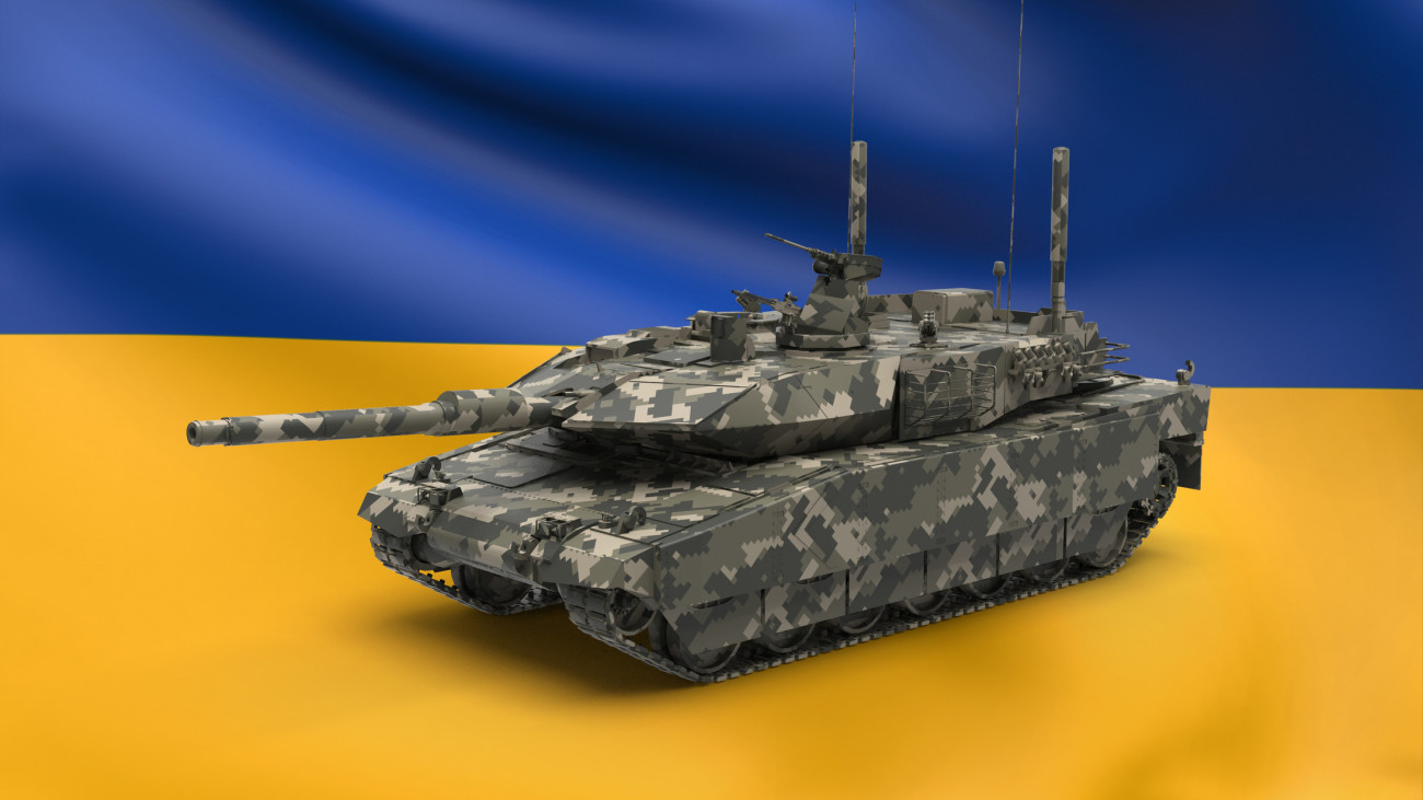 Leopard tank from Europe union partner to Ukraine army defensive and counteroffensive protection from Russia in national camouflage army colour on flag background isometric right side view 3d rendering image