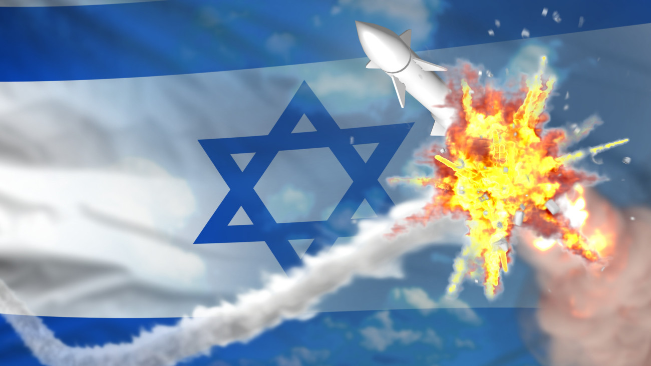 Strategic rocket destroyed in air, Israel ballistic missile protection concept - missile defense military industrial 3D illustration