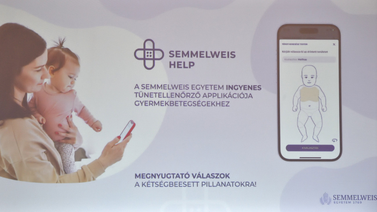 Népszerűsítő videó a Semmelweis Egyetem ingyenes, gyermekbetegségekkel kapcsolatos tünetellenőrző Semmelweis Help applikációjának és weboldalának bemutatóján az egyetem Üllői úti központjában 2023. június 14-én.